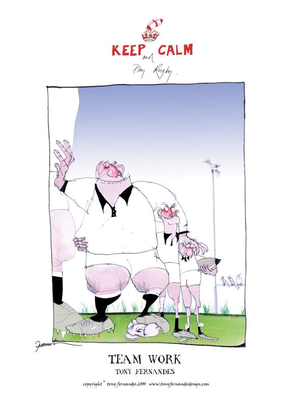 Team Work by Tony Fernandes - England Test Rugby Cartoon signed print